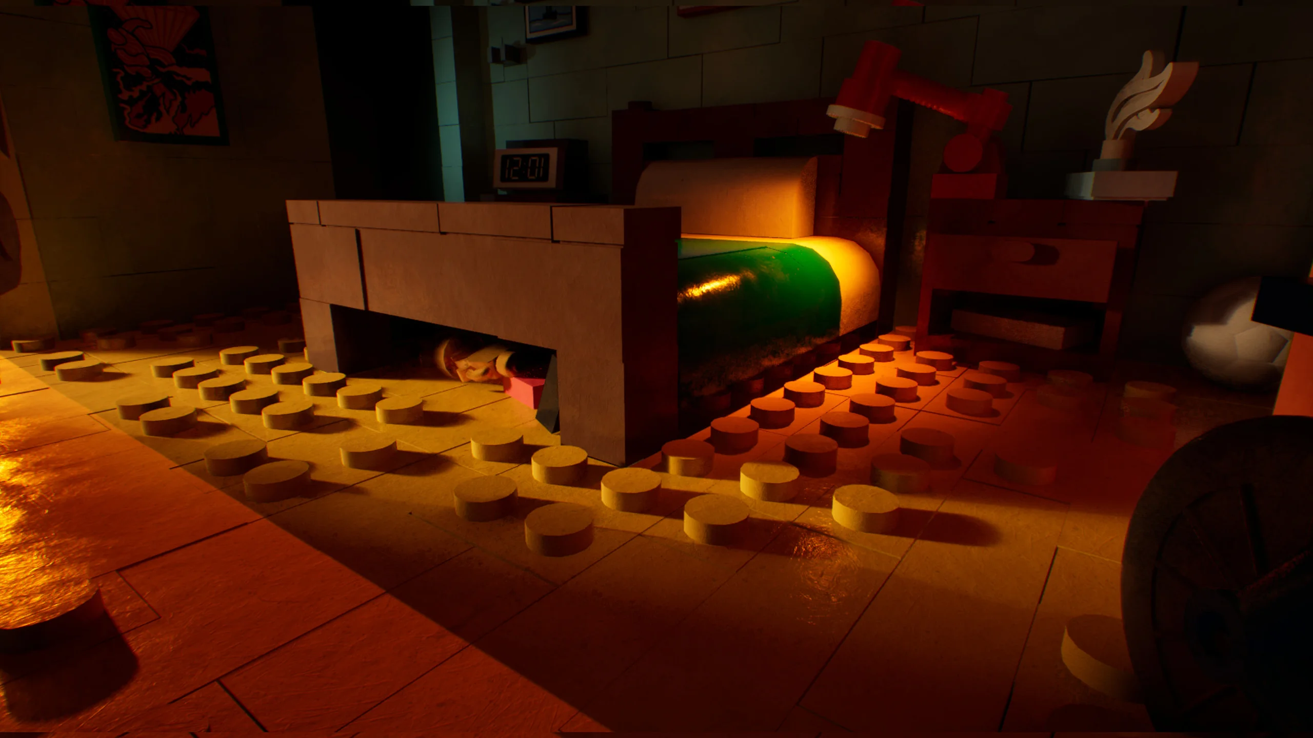 A low angle across Emmet's studded LEGO floor towards the bed, a green blanket catching the lamp light and the clock reading 12:01 behind it