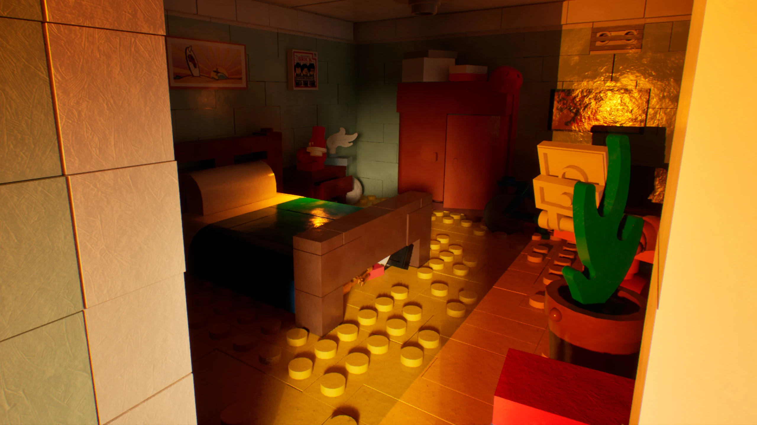 Looking past a tall cream wall into the bedroom, the bed and red wardrobe at the back, a green plant in a pot in the foreground and warm light reflecting off the studs