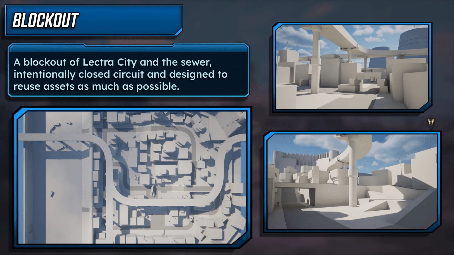 An art bible slide titled Blockout. The text says a blockout of Lectra City and the sewer, intentionally closed circuit and designed to reuse assets as much as possible. It shows a grey top down view of the blockout with the looping track and the highway, and two grey perspective views under a blue sky with the curving overpass and a cooling tower.