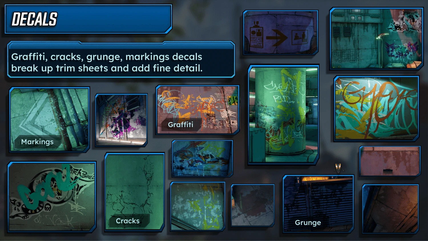 An art bible slide titled Decals. The text says graffiti, cracks, grunge and markings decals break up trim sheets and add fine detail. Around it are Borderlands 3 screenshots of wall graffiti, painted floor markings, cracked concrete and grunge stains, labelled Markings, Graffiti, Cracks and Grunge.