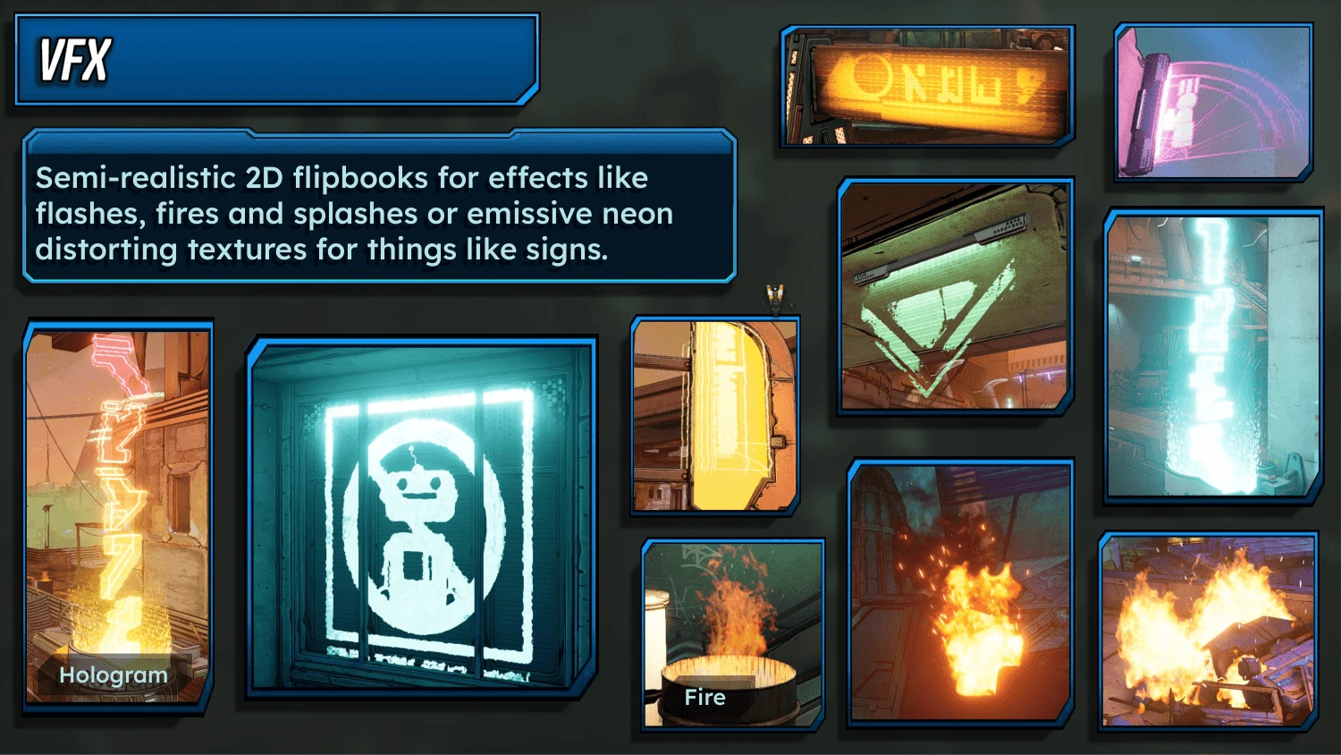 An art bible slide titled VFX. The text says semi-realistic 2D flipbooks for effects like flashes, fires and splashes, or emissive neon distorting textures for things like signs. Around it are Borderlands 3 screenshots of holographic and neon signs, one labelled Hologram, and three fires, one labelled Fire.