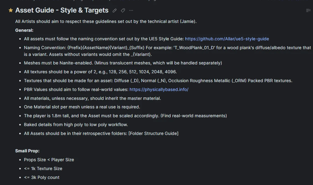 The Asset Guide Style and Targets page on YouTrack, listing general rules such as following the UE5 style guide naming convention, Nanite-enabled meshes, power of two textures, diffuse, normal and ORM texture sets, one material slot per mesh and a 1.8m tall player, followed by small prop limits of 1K textures and 3K polygons