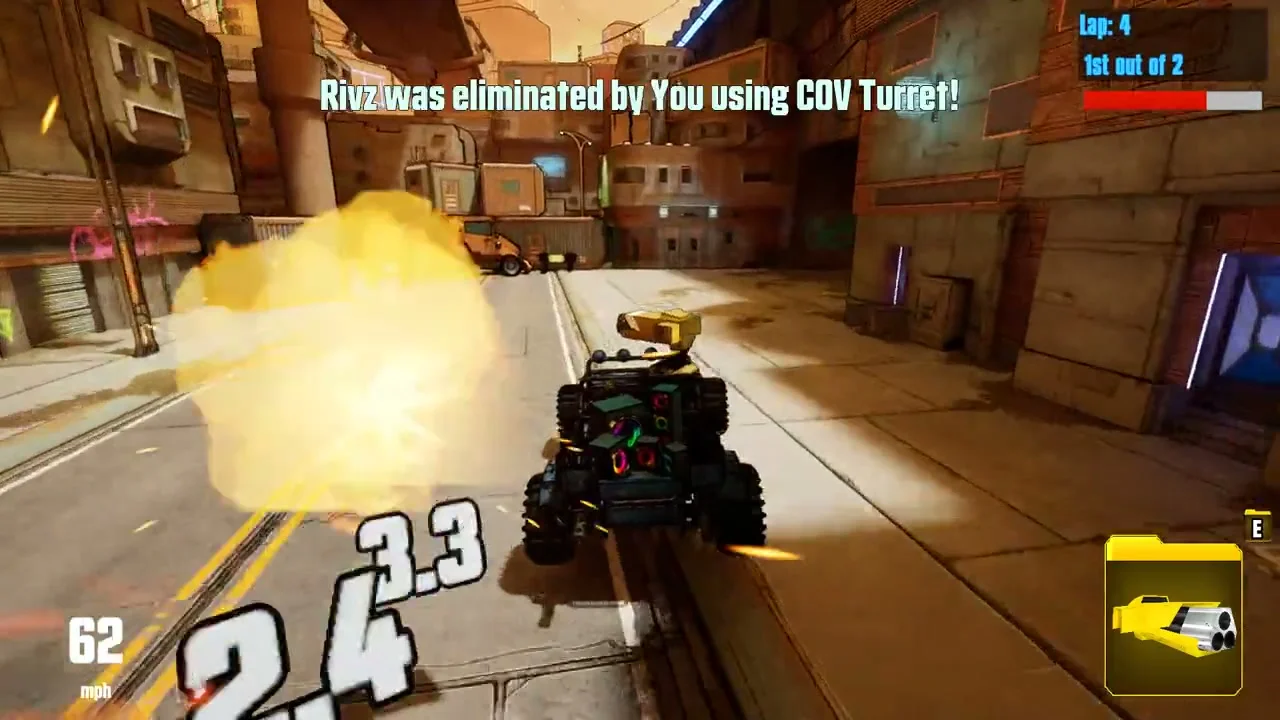 A buggy blasting a rival with the auto turret, the banner reading 'Rivz was eliminated by You using COV Turret!'