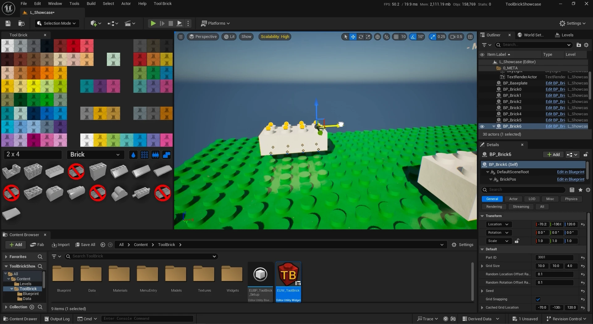 The Unreal editor with the Tool Brick panel on the left showing the search 2 x 4 in the Brick category, a white 2 x 4 brick selected on a green baseplate with yellow handles on its studs, and the details panel on the right listing Part ID 3001, Grid Size 10 10 4, the random offset ranges, Seed and Grid Snapping