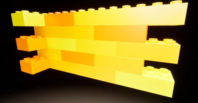 A close up of stacked yellow bricks under warm light, the seams between them uneven, with thin dark gaps where bricks sit slightly off from one another
