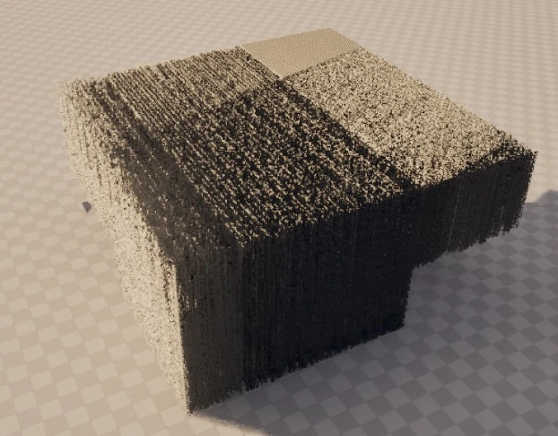 A test plane with world position offset gone wrong, erupting into a dense block of vertical spikes