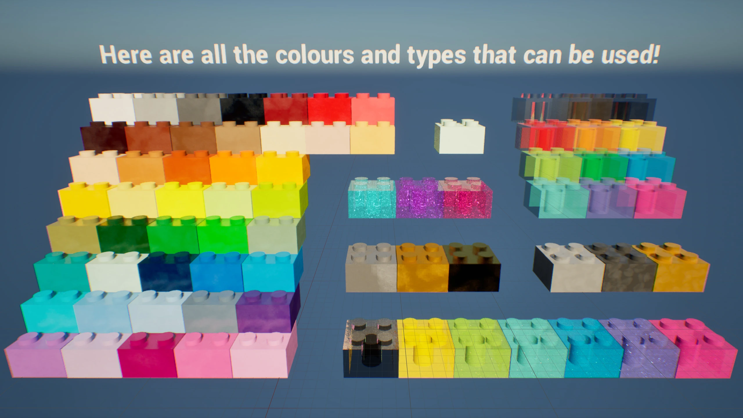 Rows of 2 x 2 bricks floating in front of a blue sky under the words Here are all the colours and types that can be used, a staircase of solid colours on the left, then smaller groups of glitter, metallic, pearl and transparent bricks
