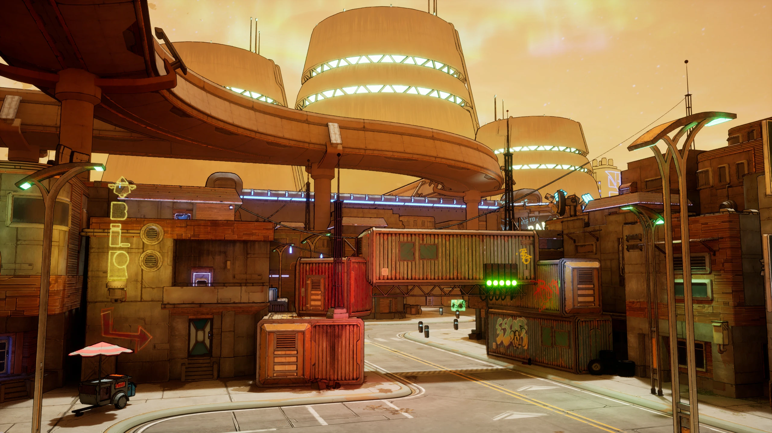 A cel shaded city street under an orange haze, black outlines on every surface, a curving overpass in front of tiered cooling towers lit with green bands, stacked shipping containers, graffiti and a vertical neon BAR sign