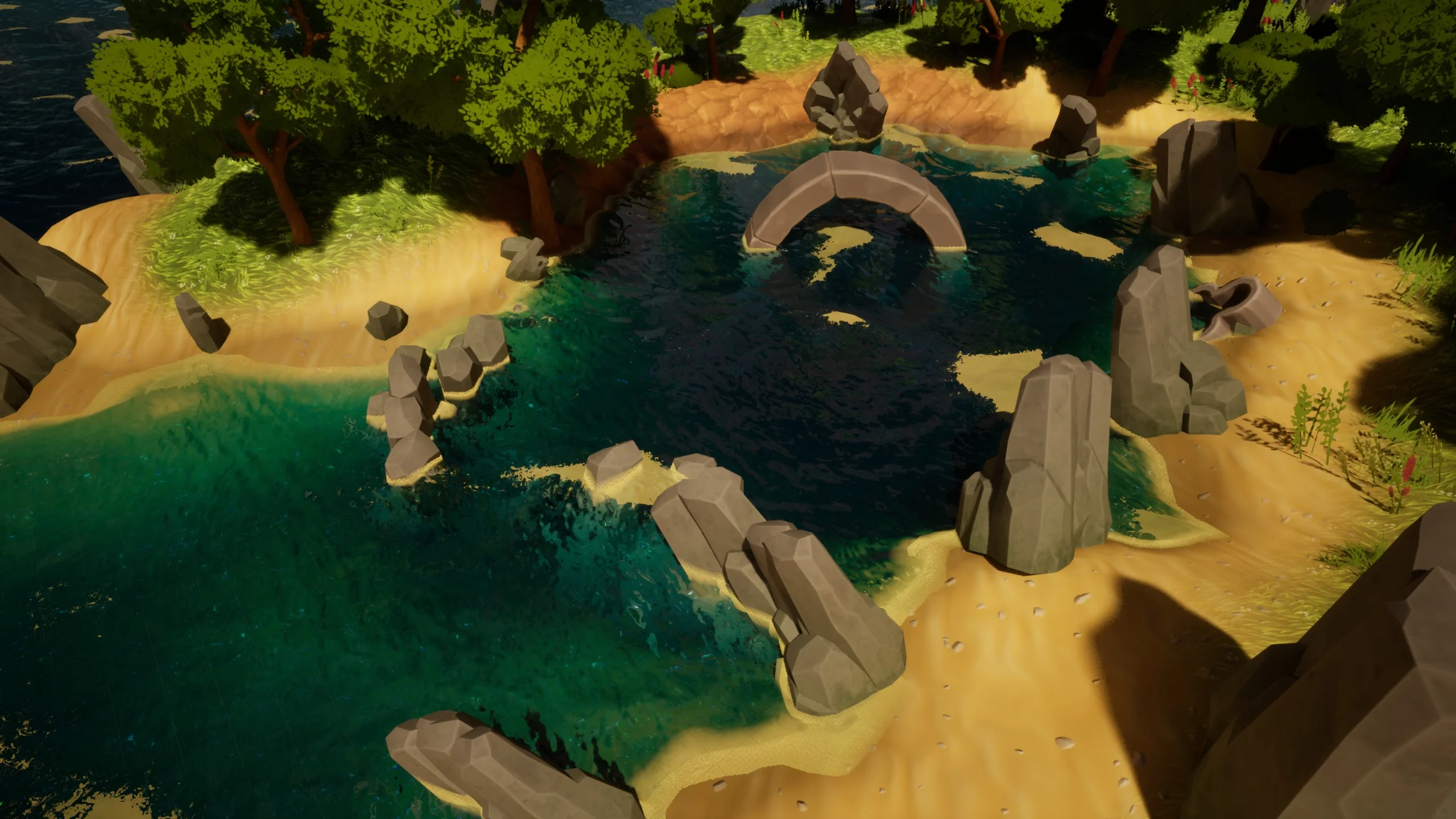 A high angle view over a stylised sandy cove, with teal water shading darker where it deepens, pale shallows around the rocks, a stone arch standing in the water and trees casting shadows across the beach