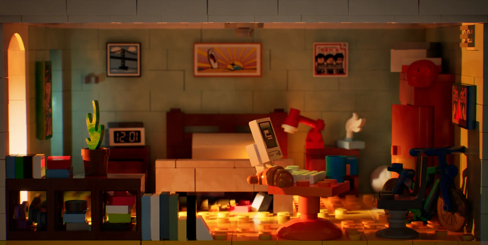 Emmet's bedroom built from LEGO bricks, warm light from an arched window falling across a studded yellow floor, with a bed, a red wardrobe, a bike, a computer on a round table and a digital clock reading 12:01
