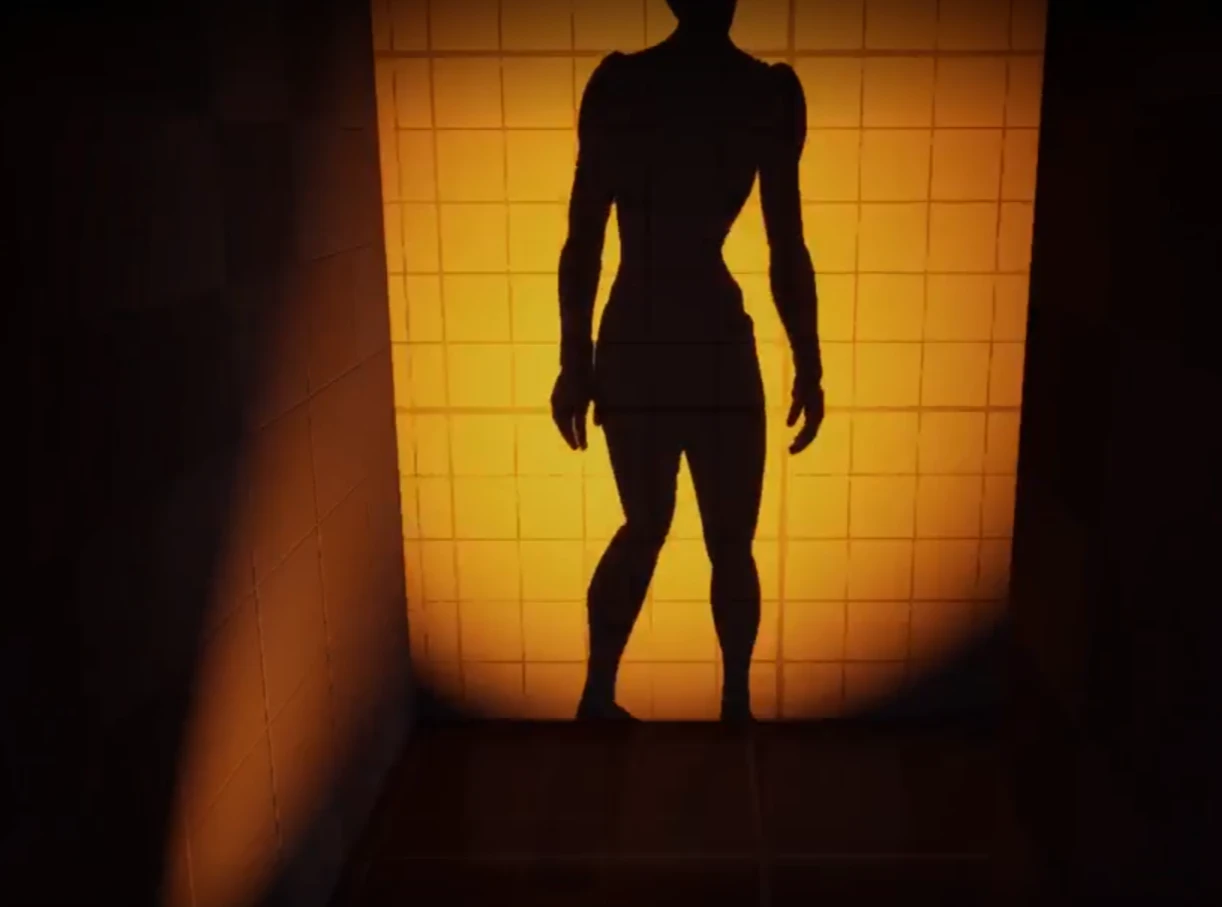 The dark silhouette of a tall, thin humanoid figure cast across a wall lit a deep orange