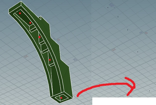 A curved green part in the Houdini viewport with red points inside it along its length, and a hand drawn red arrow pointing right to a line of small black points floating in empty space away from the part