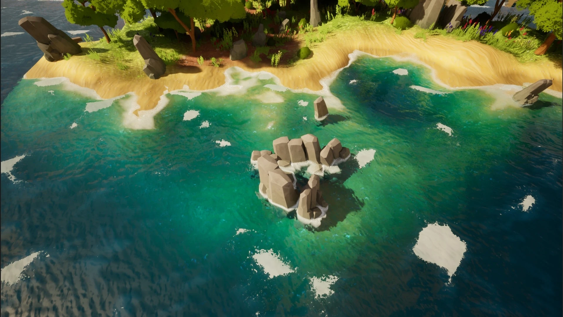 A cluster of tall rocks standing in teal water off a sandy beach, with foam gathered around their bases and along the shoreline