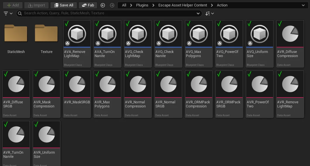 The plugin's default rules in the Content Browser, each tile marked with a green tick by the status overlay