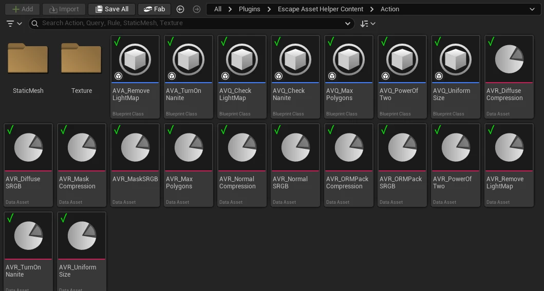 The plugin's content folder in the Content Browser: seven action and query blueprints such as AVA_TurnOnNanite and AVQ_MaxPolygons, and thirteen rule data assets such as AVR_DiffuseCompression and AVR_NormalSRGB, every one marked with a green tick