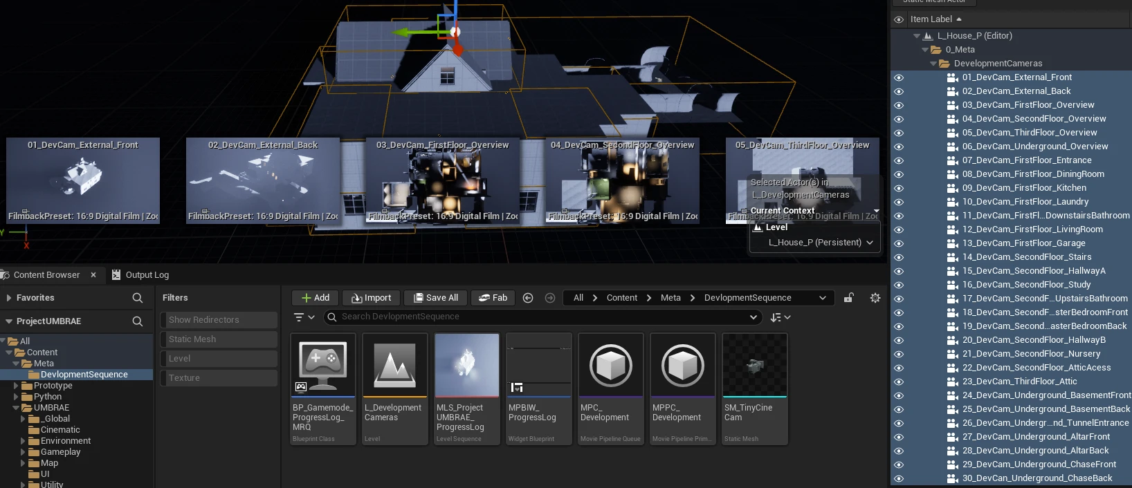 The editor with the house blockout, five camera preview thumbnails labelled 01 DevCam External Front to 05 DevCam ThirdFloor Overview, the outliner listing thirty cameras from 01_DevCam_External_Front to 30_DevCam_Underground_ChaseBack, and the DevelopmentSequence folder holding the queue, the level sequence and the burn-in widget
