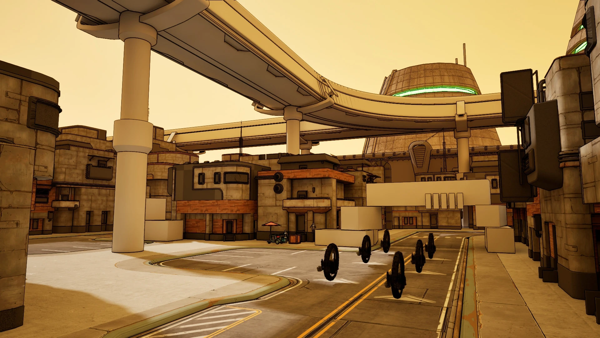 The same view on 9 April, the overpass, cooling tower and buildings modelled and textured under a yellow sky, with the racers lined up on the start grid