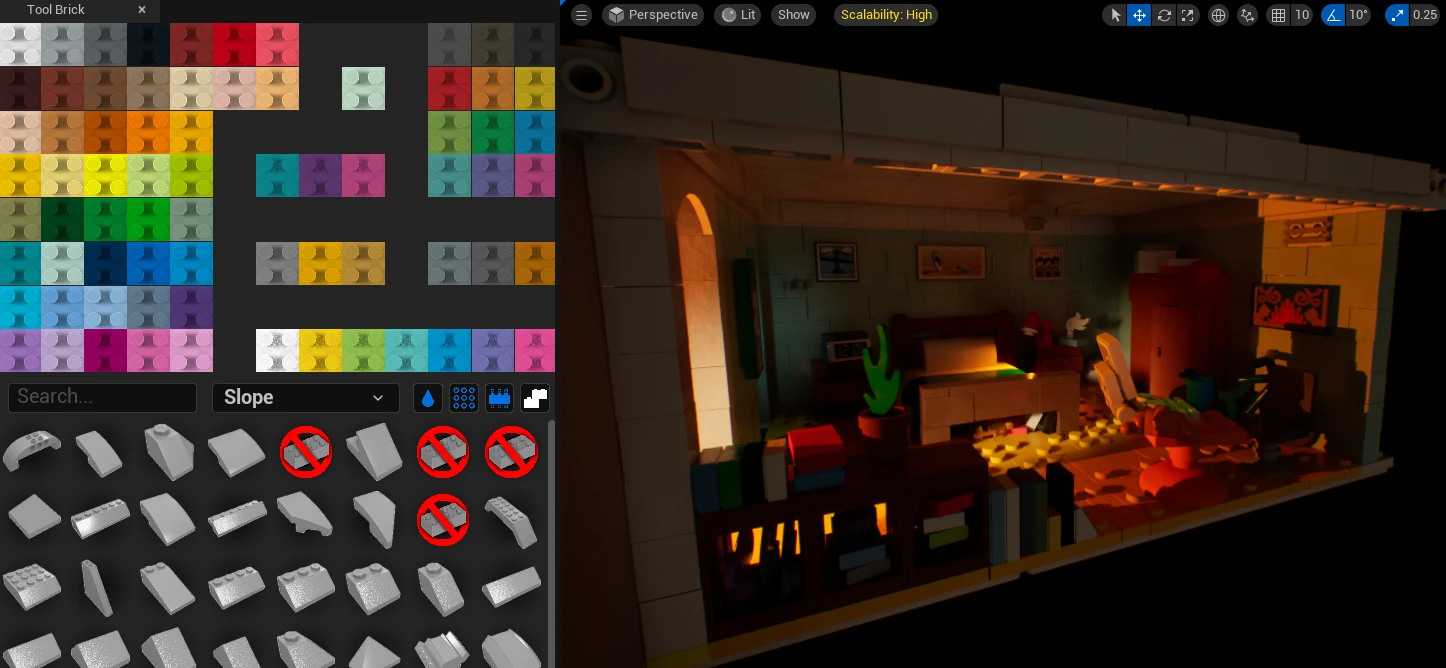 The Unreal editor with the Tool Brick panel docked on the left, a grid of colour swatches above a searchable list of slope parts, and the finished bedroom set lit warm orange in the viewport