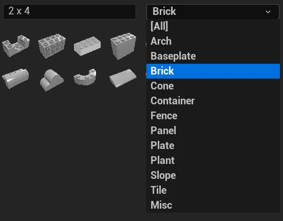The Tool Brick search box reading 2 x 4 next to an open category dropdown listing All, Arch, Baseplate, Brick, Cone, Container, Fence, Panel, Plate, Plant, Slope, Tile and Misc, with Brick highlighted, above a few grey part tiles