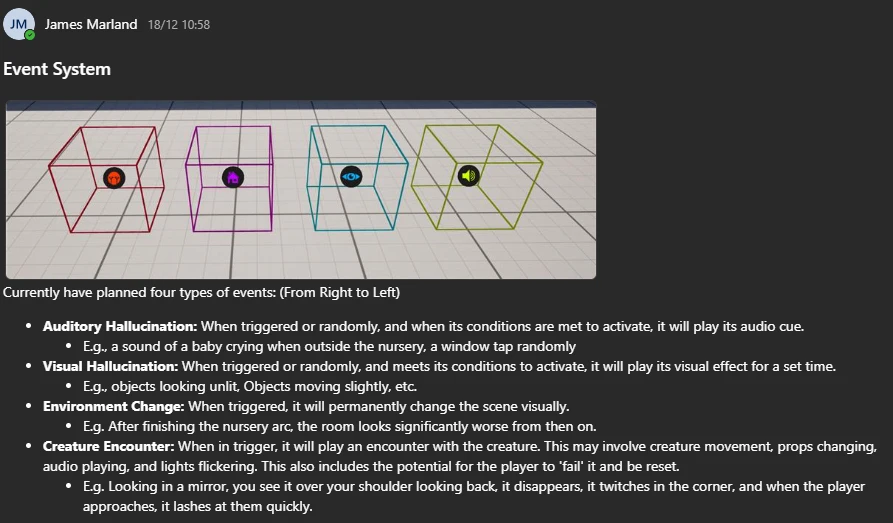 A Teams post titled Event System showing four coloured wireframe trigger boxes with icons, followed by descriptions of the four planned event types: Auditory Hallucination, Visual Hallucination, Environment Change and Creature Encounter, each with an example
