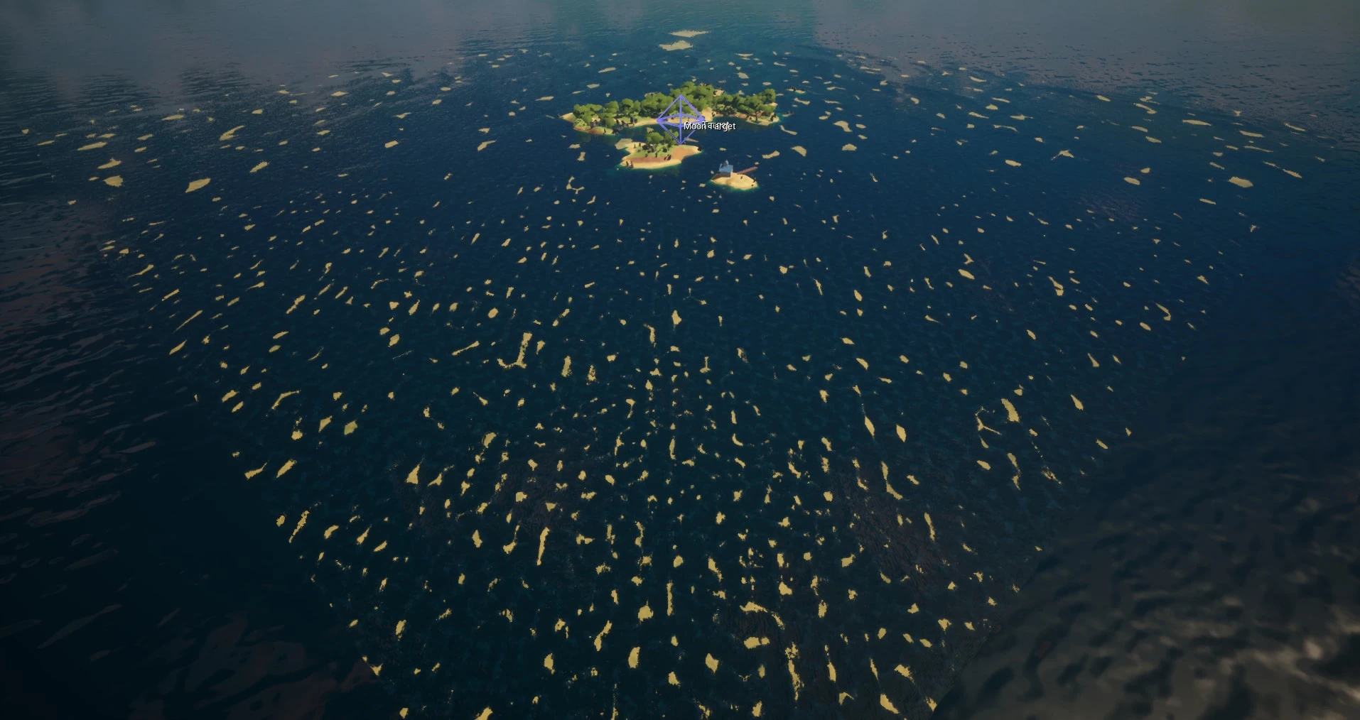 The whole ocean seen from high above, a small island in the middle of dark blue water scattered with pale foam patches