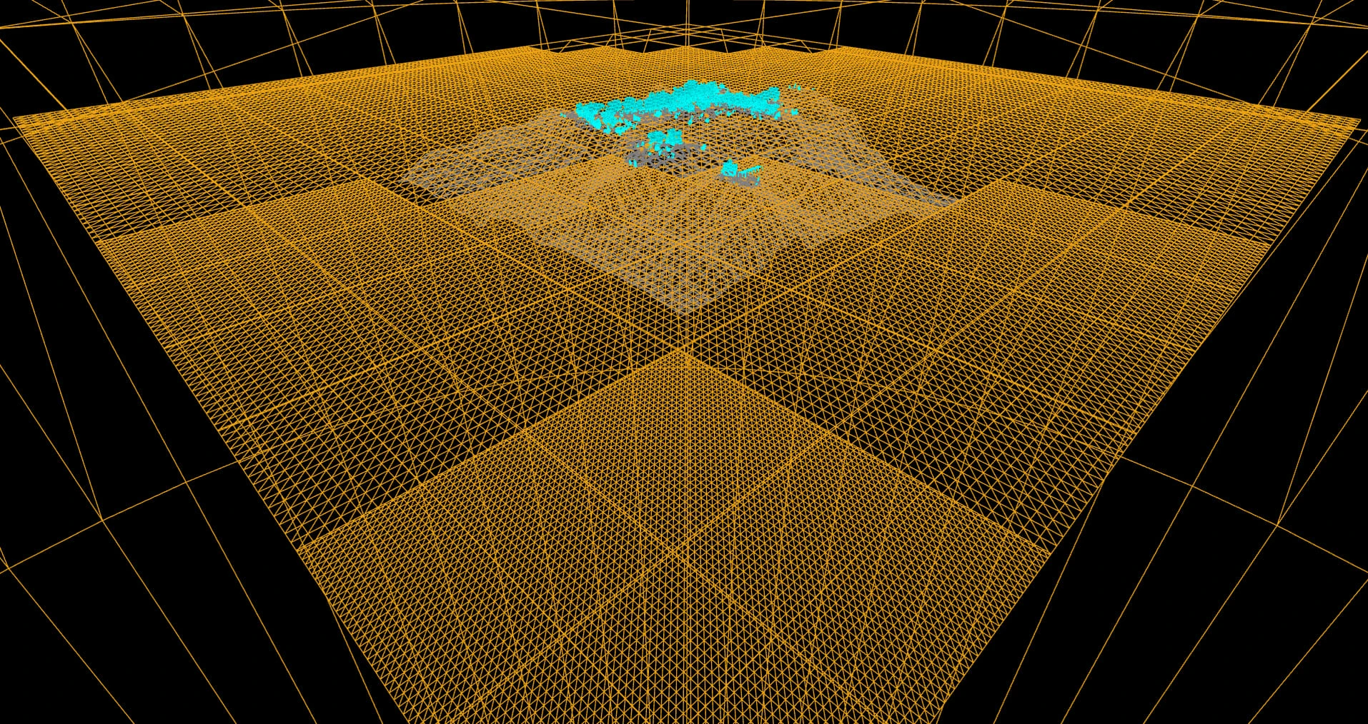 The same view in wireframe, showing a dense mesh grid around the island stepping down to progressively coarser tiles toward the edges