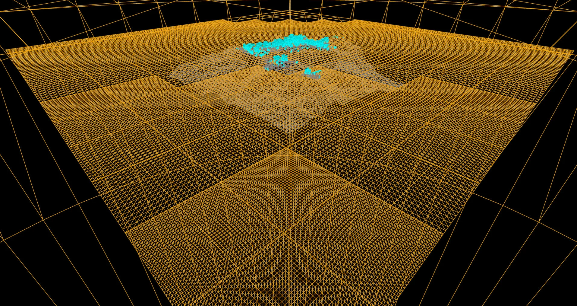 The whole ocean from high above in wireframe, a dense mesh grid around the island stepping down to coarser tiles toward the edges
