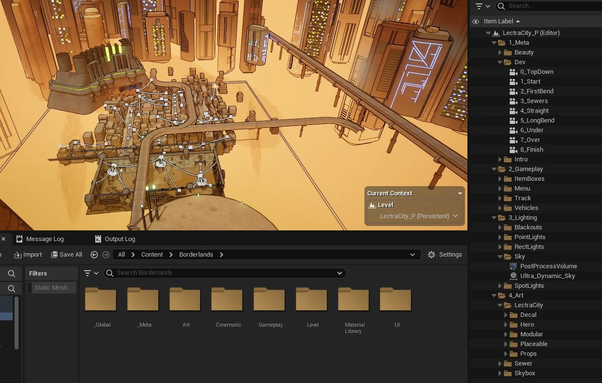 The Unreal editor with Lectra City seen from above, the content browser showing the Borderlands folder split into _Global, _Meta, Art, Cinematic, Gameplay, Level, MaterialLibrary and UI, and the outliner grouped into 1_Meta, 2_Gameplay, 3_Lighting and 4_Art, with nine development cameras from 0_TopDown to 8_Finish under Dev