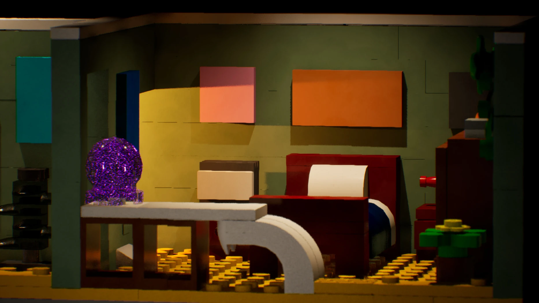 The first version's bedroom close up, a red bed and a white desk against green walls with plain pink and orange panels where the posters would be, and a purple glitter globe on the desk