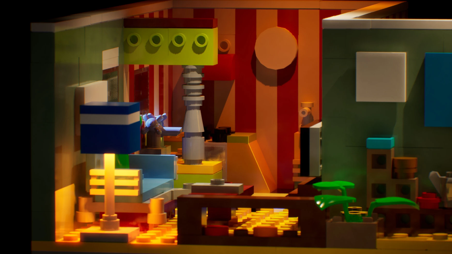 The first version's living area, a lamp with a blue and white shade glowing yellow in front of the red and white striped kitchen wall, with a low brown table in the foreground