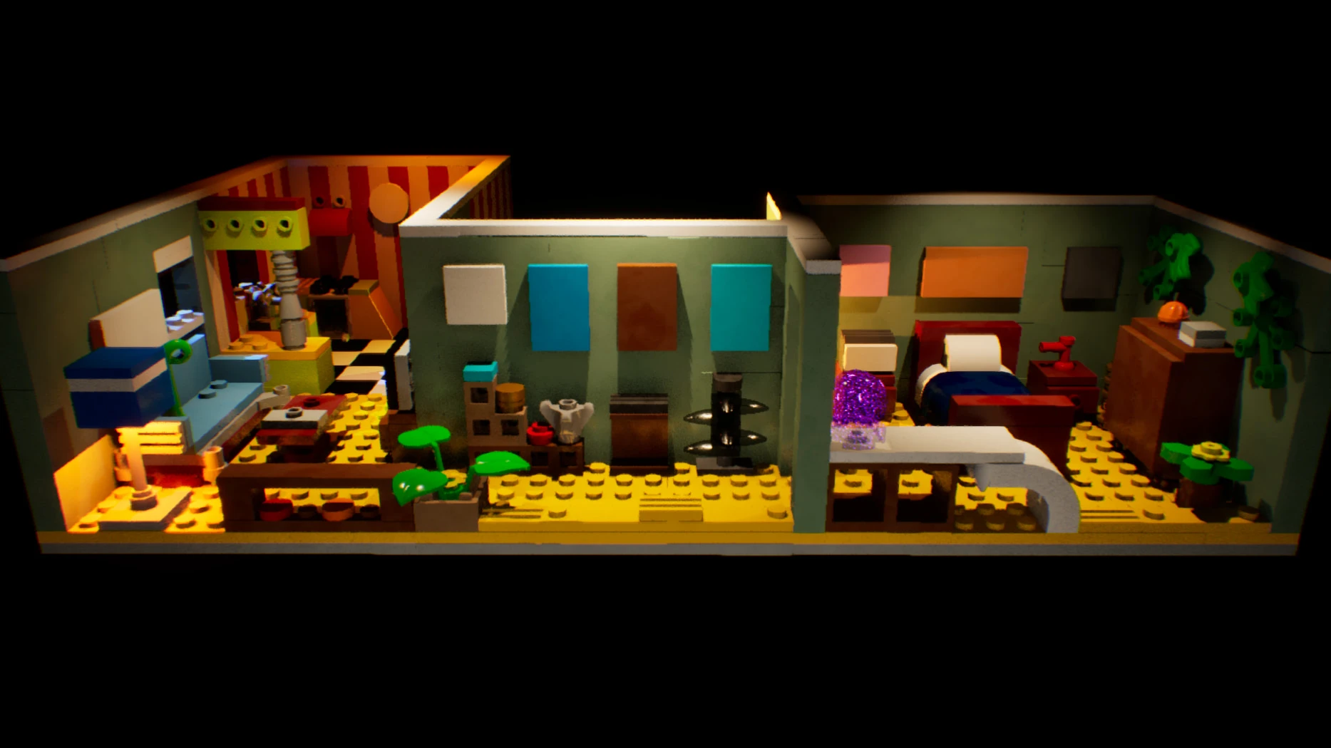 The first version of the apartment seen from the front, three rooms in a row on a yellow studded floor with green walls, a kitchen with a red and white striped wall and a checkered floor on the left, a middle room with plain coloured panels on the wall, and a bedroom with a red bed on the right