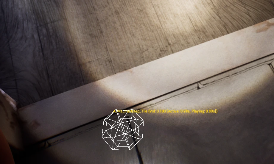 A close view of the floor where wooden boards meet tiles, with a white debug wireframe sphere at the player's foot and yellow text reading A_MS_Footstep_Tile with its volume and play time