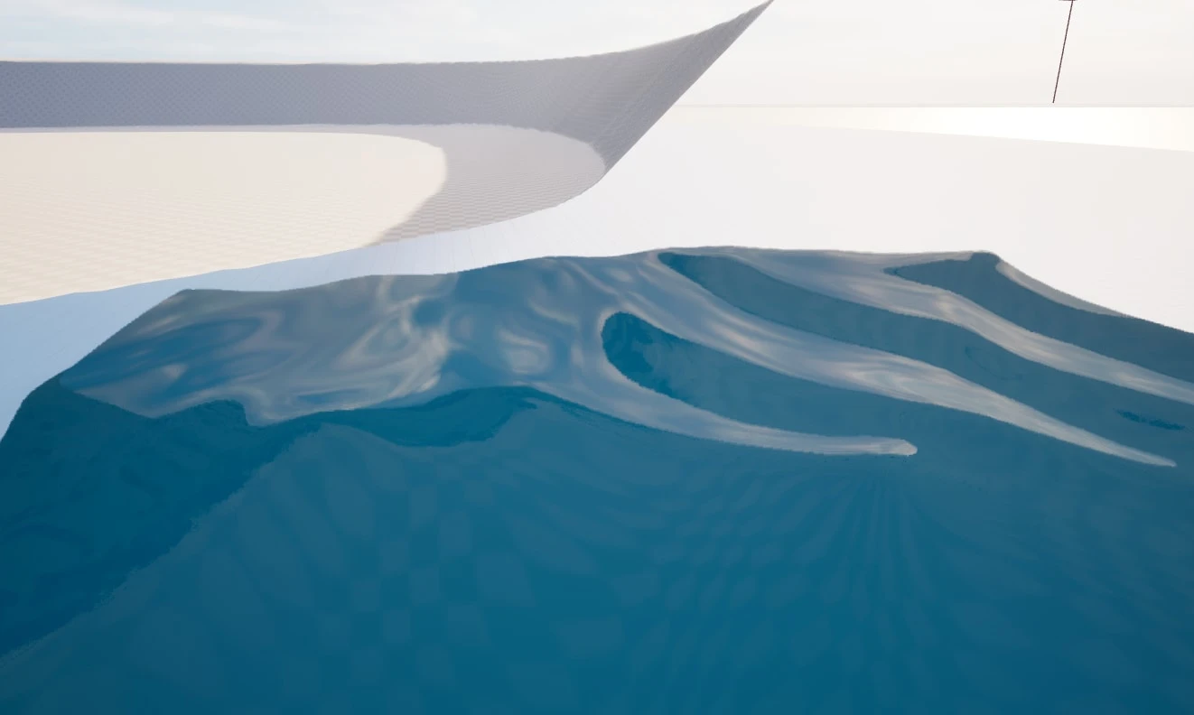 Close up of blue water with pale fresnel reflection across the wave crests, swirled by an early normal map