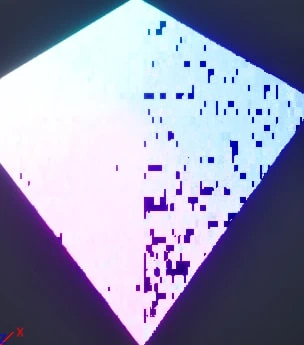 A diamond shaped patch of ocean rendered in pale blue and white, scattered with blocky dark purple artefacts