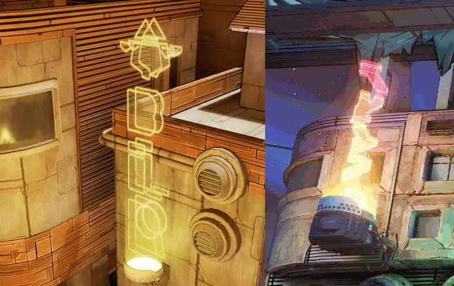 Two holographic signs side by side. On the left, mine in Borderline Racing: a yellow outlined figure above a column of outlined letters, glowing up a sandstone wall from a lit base. On the right, a holo sign in Borderlands 3: a zigzag of pink and yellow shapes rising from a metal projector on the side of a building.
