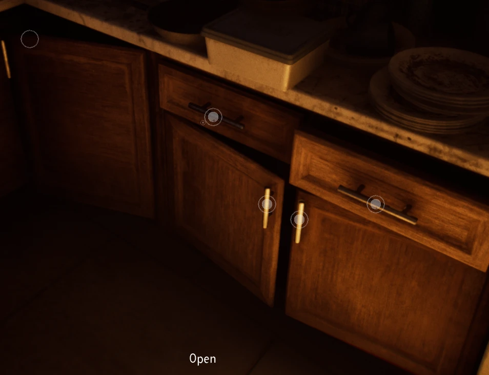 Kitchen cupboards and drawers at night, each handle marked with a small faint circle, with the one being looked at filled in and the word Open at the bottom of the screen