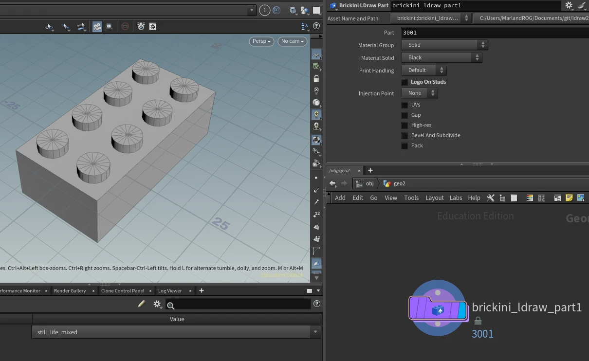 Houdini with the LDraw2Houdini node generating part 3001, a grey 2 x 4 brick in the viewport, and the node's parameters on the right showing the part number, material settings and a logo on studs option