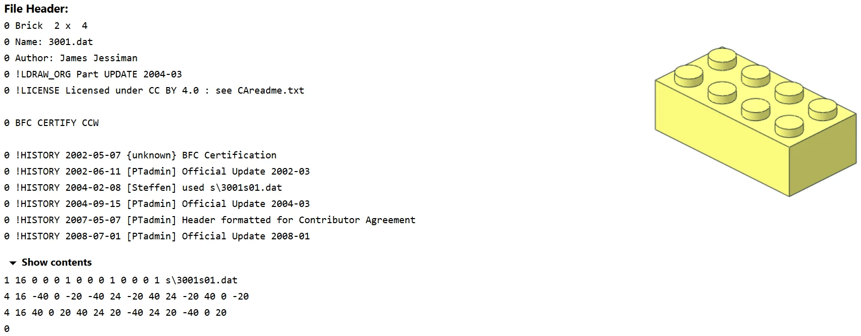 The LDraw library page for part 3001, Brick 2 x 4, showing the file header with its name, author James Jessiman, CC BY 4.0 licence and update history, a few lines of raw transforms underneath, and a yellow preview render of the brick