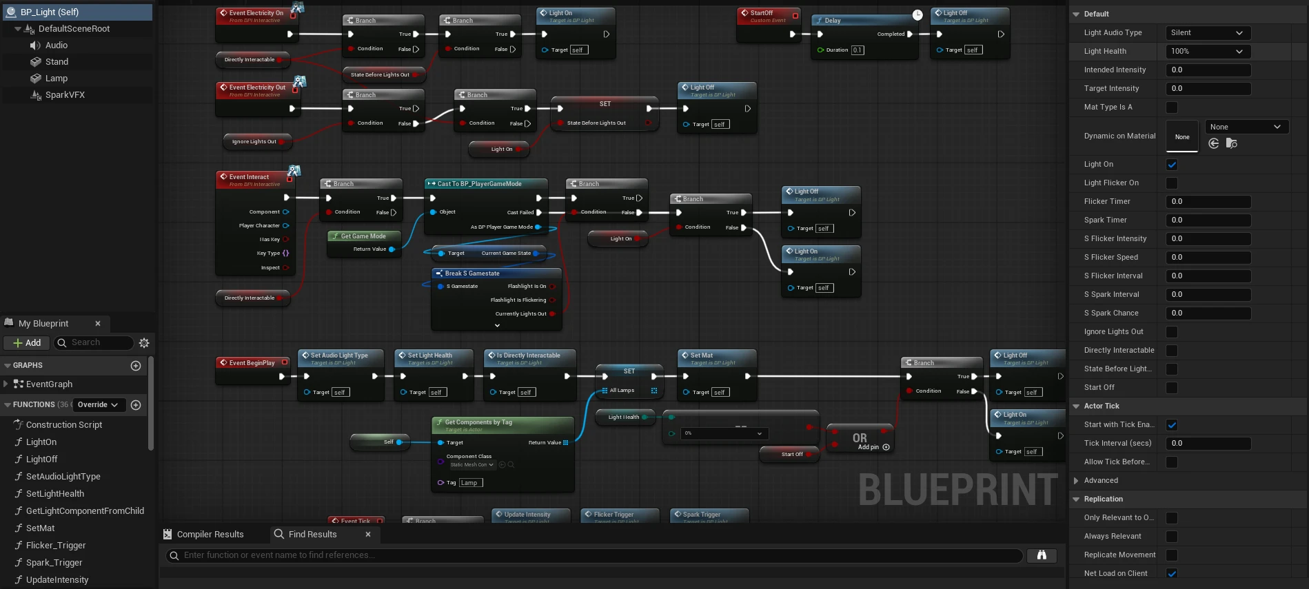 The BP_Light parent blueprint in the editor: event graph nodes for electricity on and off, interaction and BeginPlay, with a details panel listing Light Audio Type, Light Health at 100%, flicker and spark timers, intervals and chances, Directly Interactable and Start Off