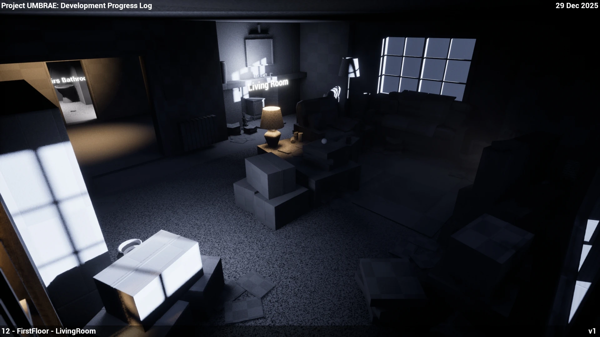 The living room in greybox on 29 December, grey block furniture, a floating Living Room label, moonlight through the window and one lamp lit, with the progress log burn-in across the top and bottom
