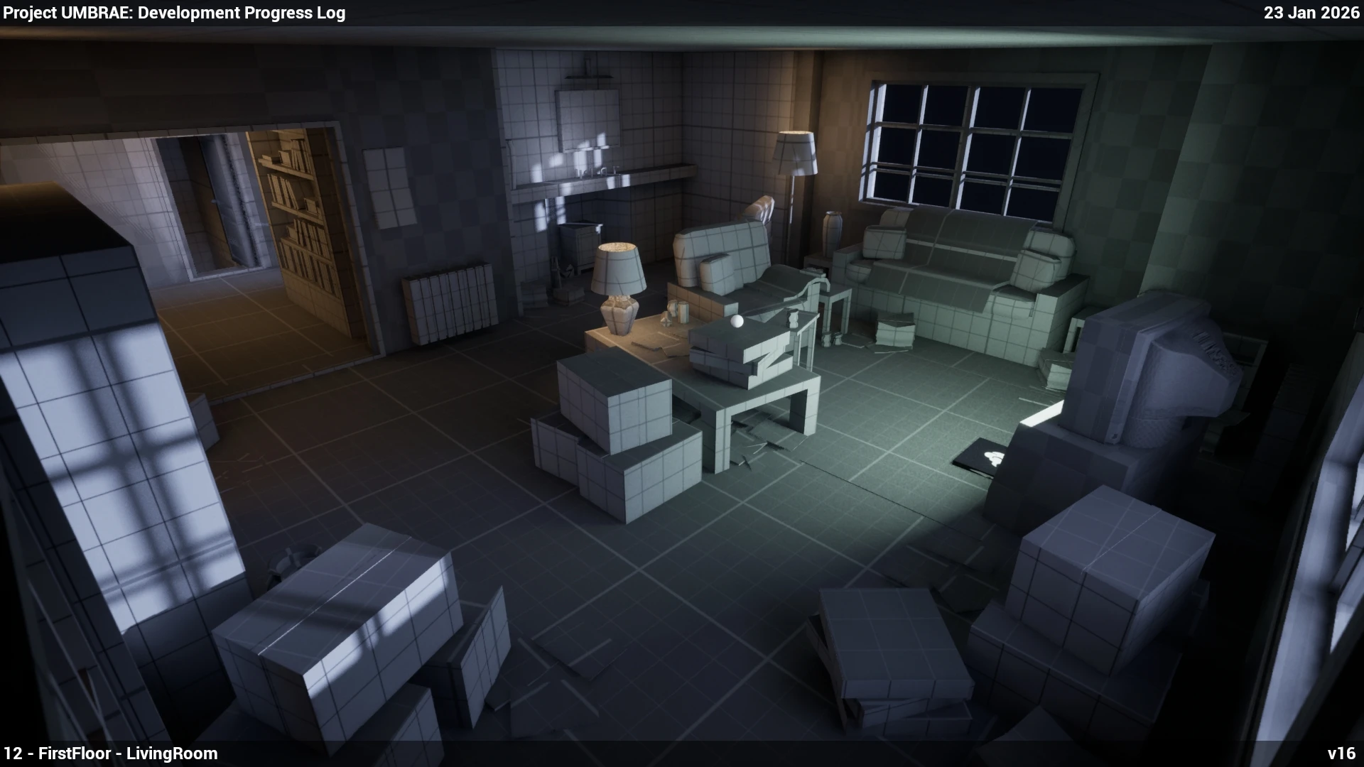 The same view on 23 January, the blocks now covered in grid textures, with a fireplace wall, a radiator and a bookcase through the doorway