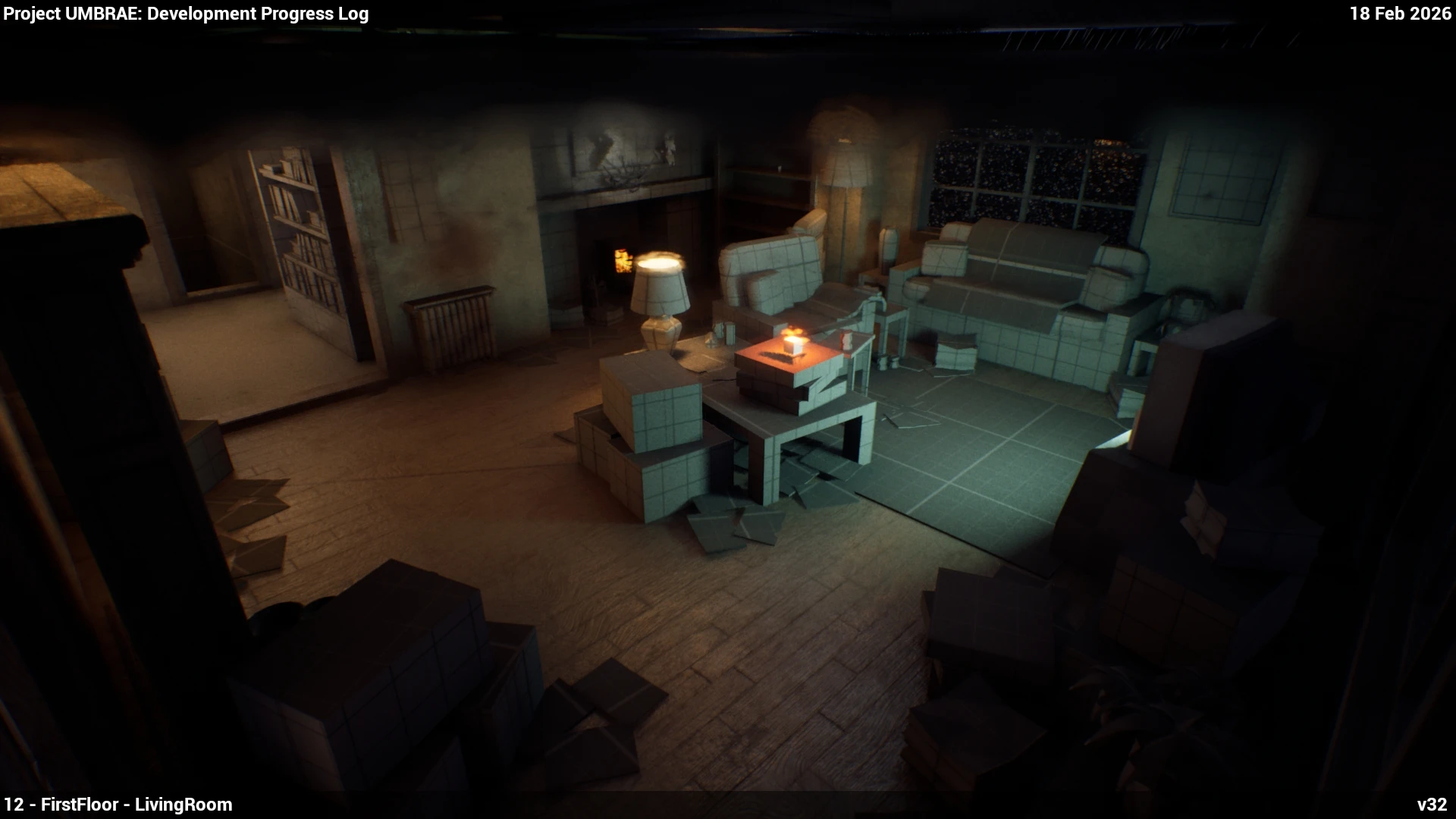 The same view on 18 February, with textured walls and a wooden floor, a fire lit in the fireplace, a lamp on the table and a mix of finished and greybox furniture