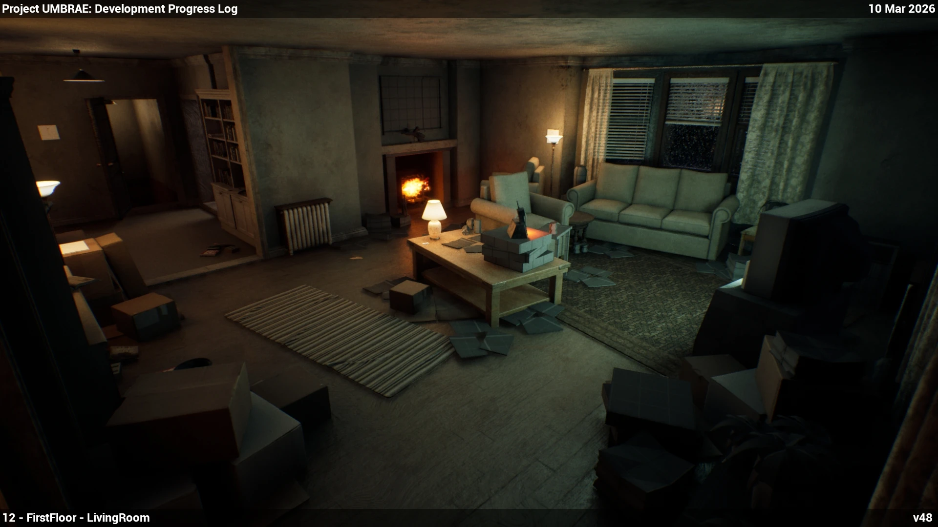 The same view on 10 March, fully dressed, with a sofa and armchair, a coffee table with a lamp, rugs, curtains, a lit fireplace and boxes on the floor