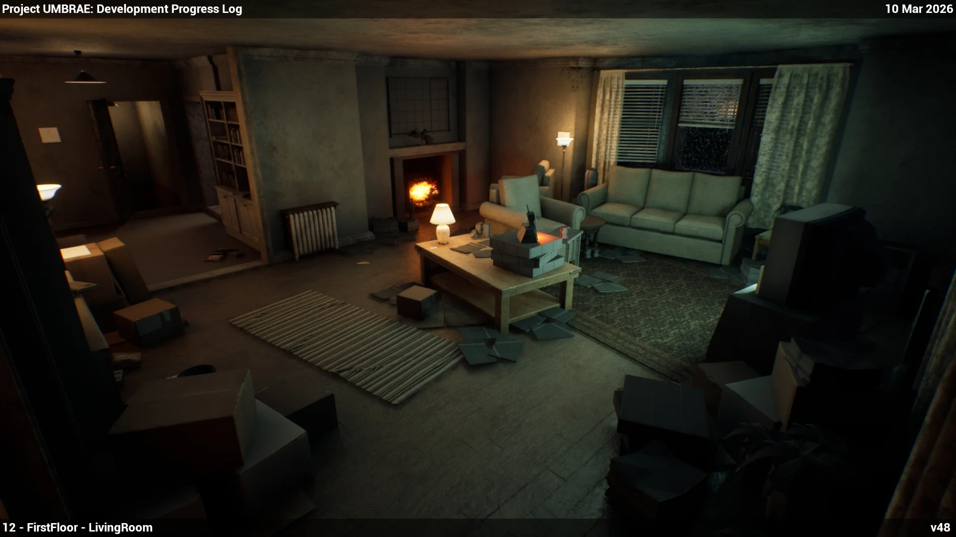 The fully dressed living room, a lit fireplace, sofa, lamp and moving boxes, stamped with the progress log burn-in