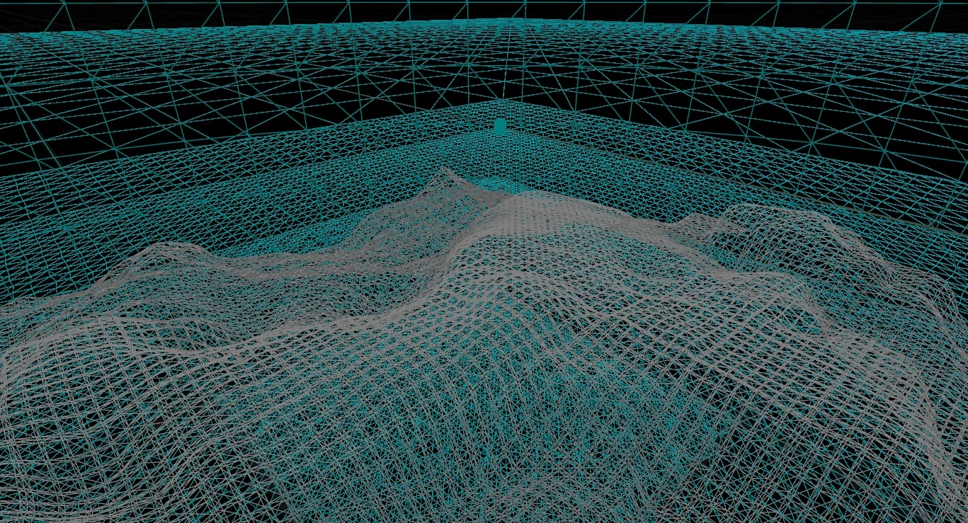 A wireframe view looking across the ocean, the displaced near mesh rising in rolling waves in front of flatter far tiles