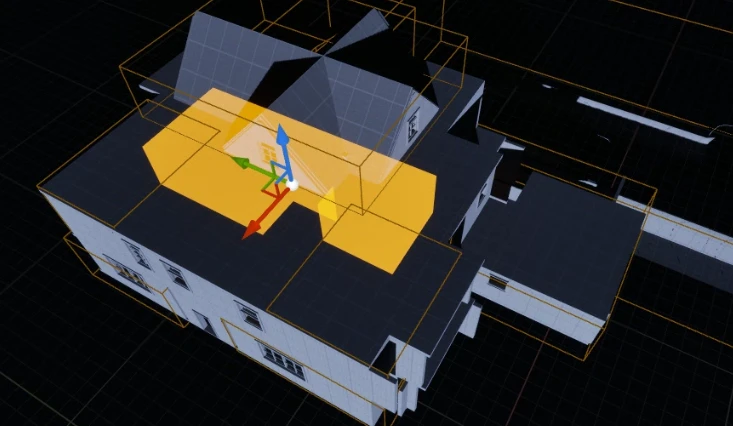 An overhead view of the house blockout in the editor, with the kitchen's Level Streaming Volume highlighted as a yellow box and the other rooms' volumes outlined in orange