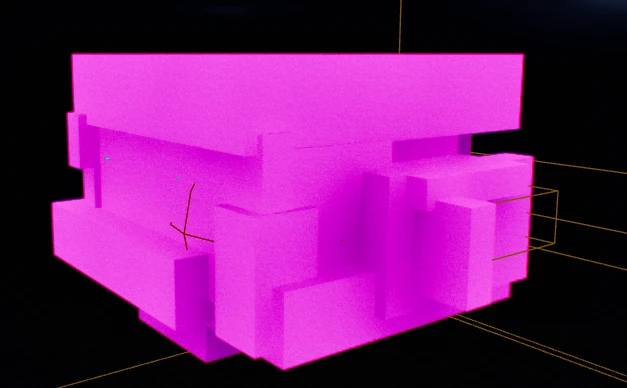Bright magenta boxes stacked around the outside of the house walls in the editor, the invisible masked volumes that stop Lumen placing probes outside