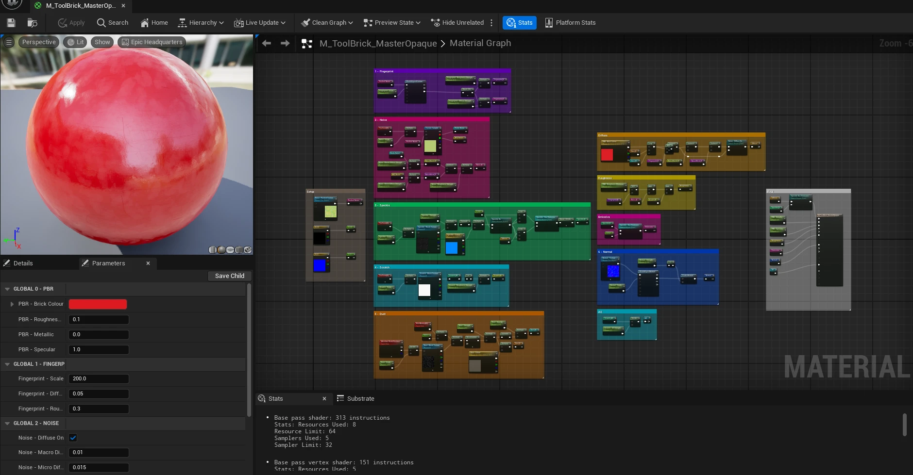 The M_ToolBrick_MasterOpaque material graph in Unreal, organised into coloured comment boxes, with a glossy red sphere in the preview window on the left
