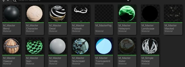 The Masters folder in the Unreal content browser, fifteen material spheres: M_MasterBlend, Character, Decal, FlipbookPanner, Fog, Hologram, Landscape, Masked, Opaque, Sign, SimpleEmissive, Skyscraper, Transparent, Water and M_SimpleFoliage