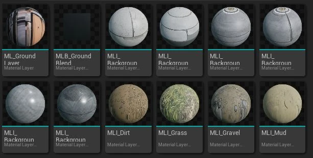 The Blend folder in the Unreal content browser: ML_Ground Layer, MLB_Ground Blend and layer instances including MLI_Dirt, MLI_Grass, MLI_Gravel and MLI_Mud, shown as material spheres